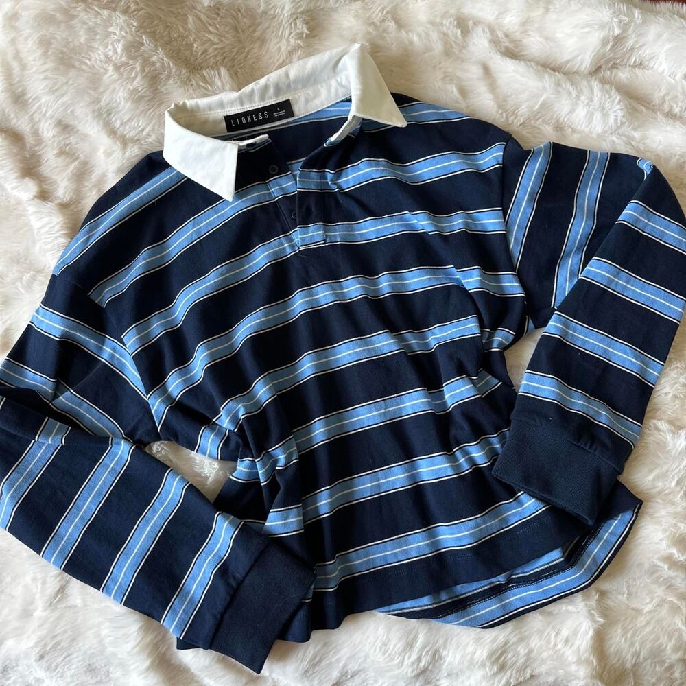 Lioness Navy and Light Blue Striped Polo Top with White Collar